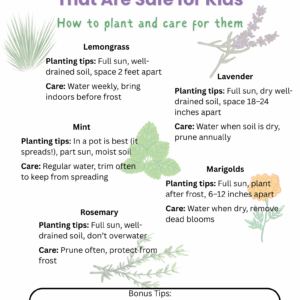 Printable guide featuring tick-repelling plants that are safe for children and pets, with planting and care tips.