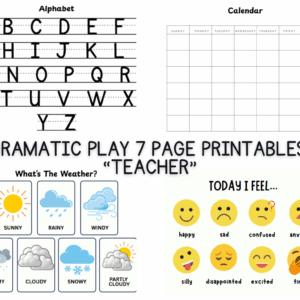 Printable pages for preschool teacher dramatic play, including name tags, alphabet chart, weather icons, numbers, calendar, shapes, and feelings chart for toddlers.